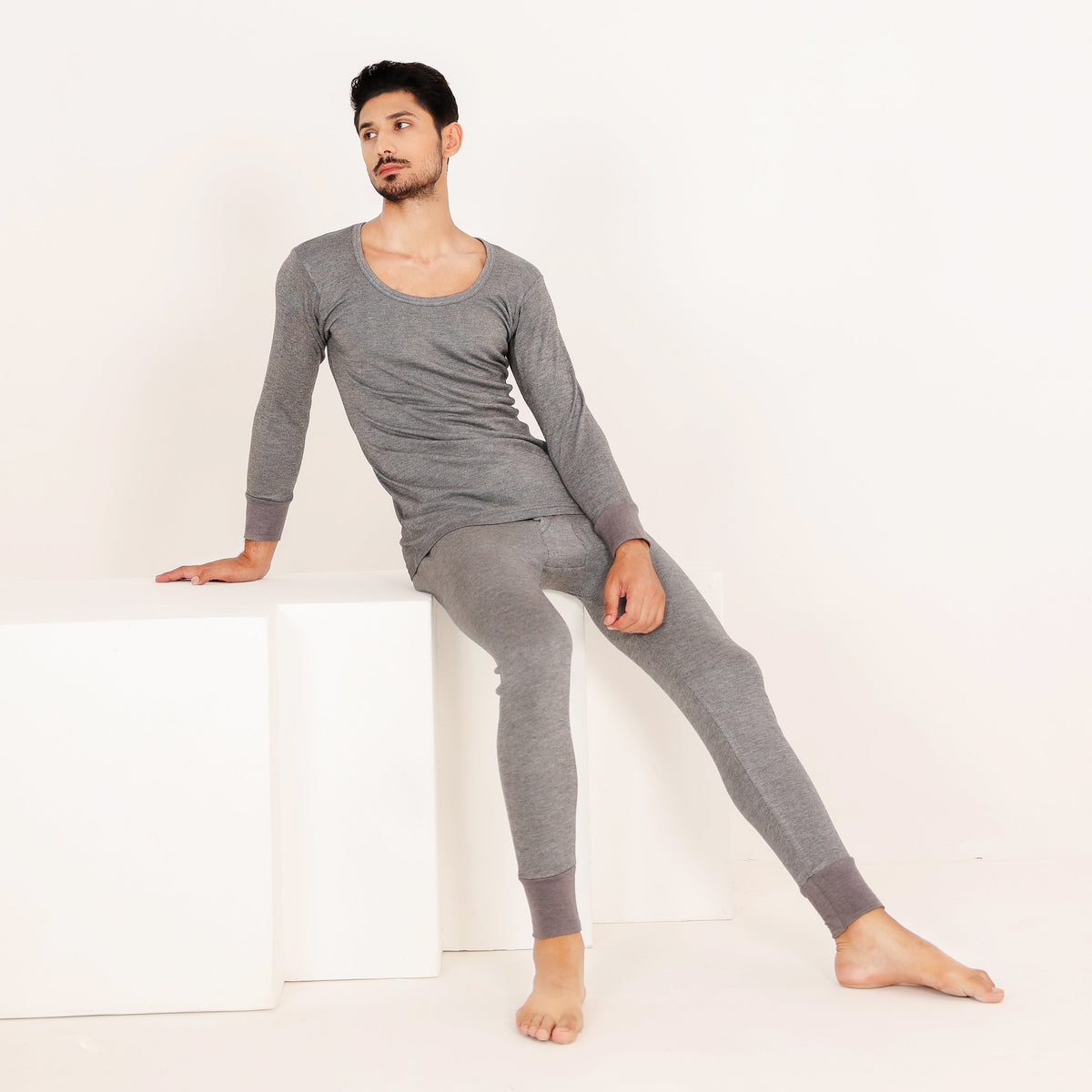 Men's Long Sleeves Woollen Thermal 2 Pc Set -Grey