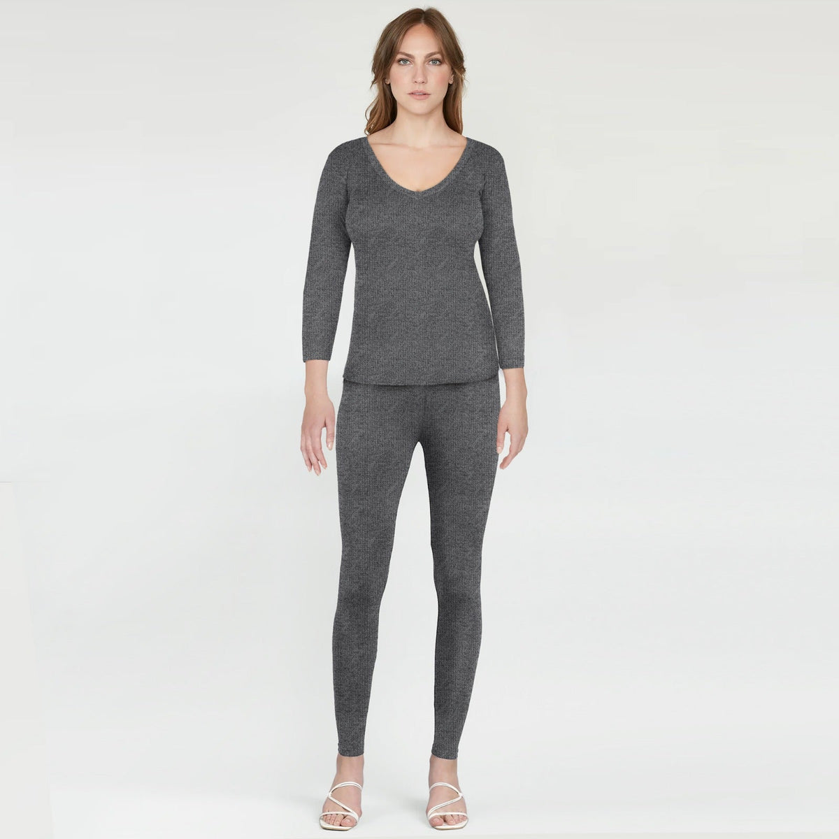 Women 3/4 Sleeves Woollen Thermal 2 Pc Set - Grey