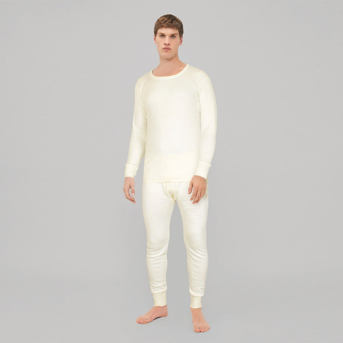 Men's Long Sleeves Woollen Thermal 2 Pc Set -Off White
